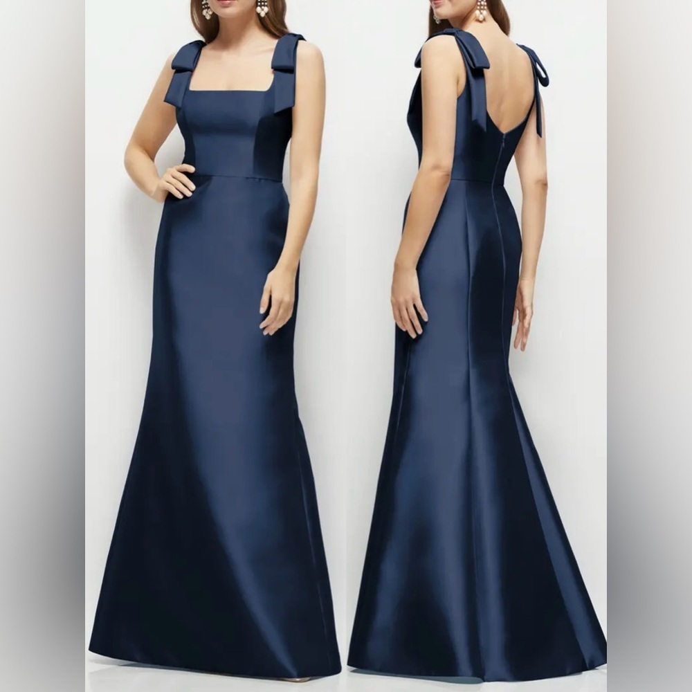 NEW Alfred Sung Bow Strap Satin Twill Trumpet MIDNIGHT NAVY Blue Gown sz 14